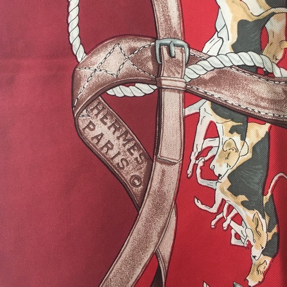 Genuine HERMES Red Burgundy LA BIEN ALLER by J de Fougerolle Silk Scarf - Picture 3 of 6